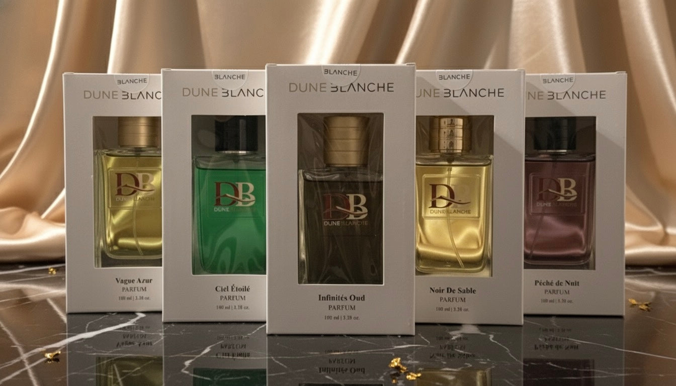 Five boxes of Dune Blanche perfume on a reflective surface with a neutral background